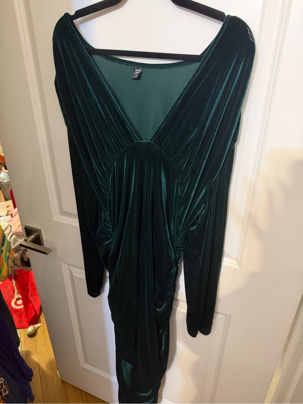 SHEIN Emerald Green Velvet V-Neck Draped Women’s Dress